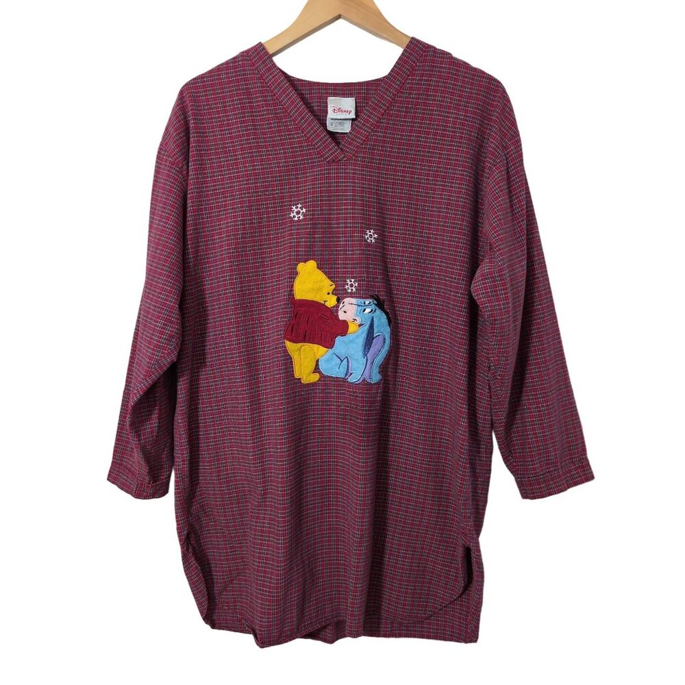 Disney Winnie The‎ Pooh Eeyore Nightshirt Pajamas Womens M Red Plaid Winter